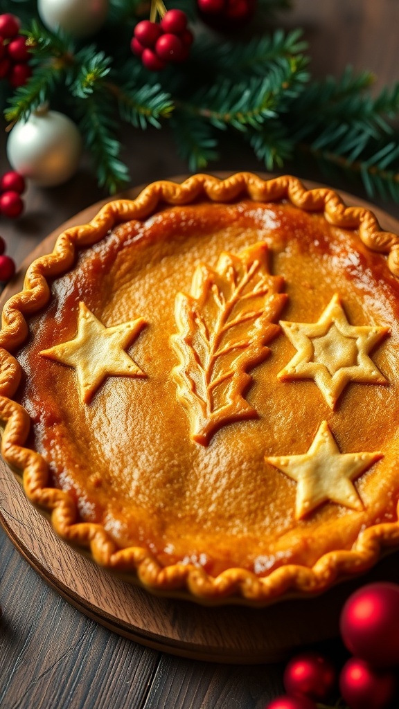 Festive Christmas Pie Crust Designs A festive Christmas pie with a decorative crust and holiday-themed designs on a wooden table.